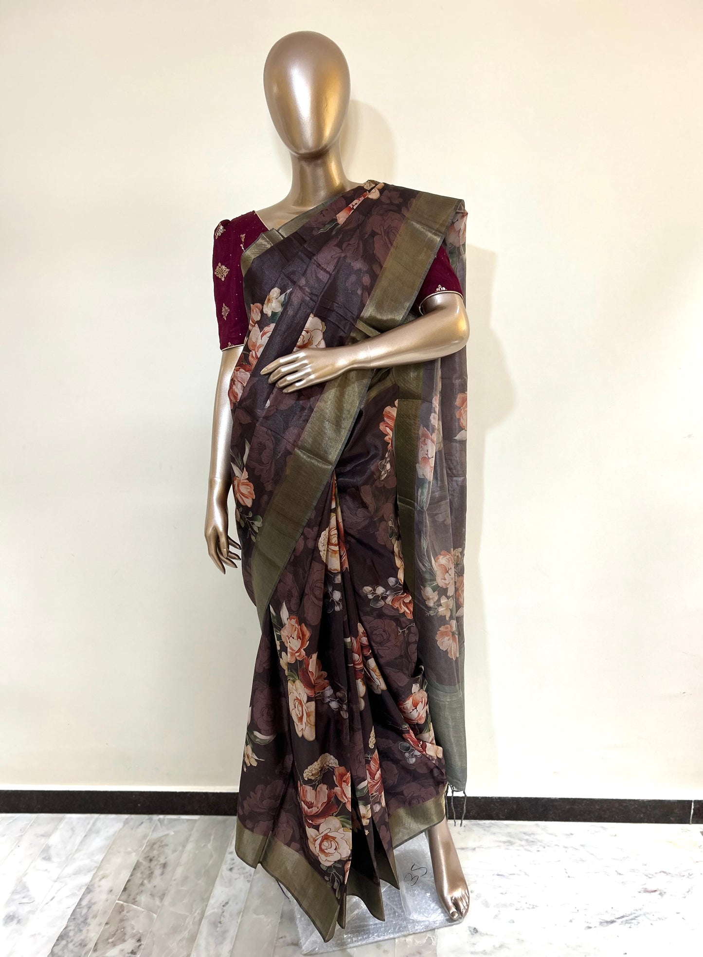Dark Chocolate Color Soft Tussar Silk Saree with beautiful Floral design