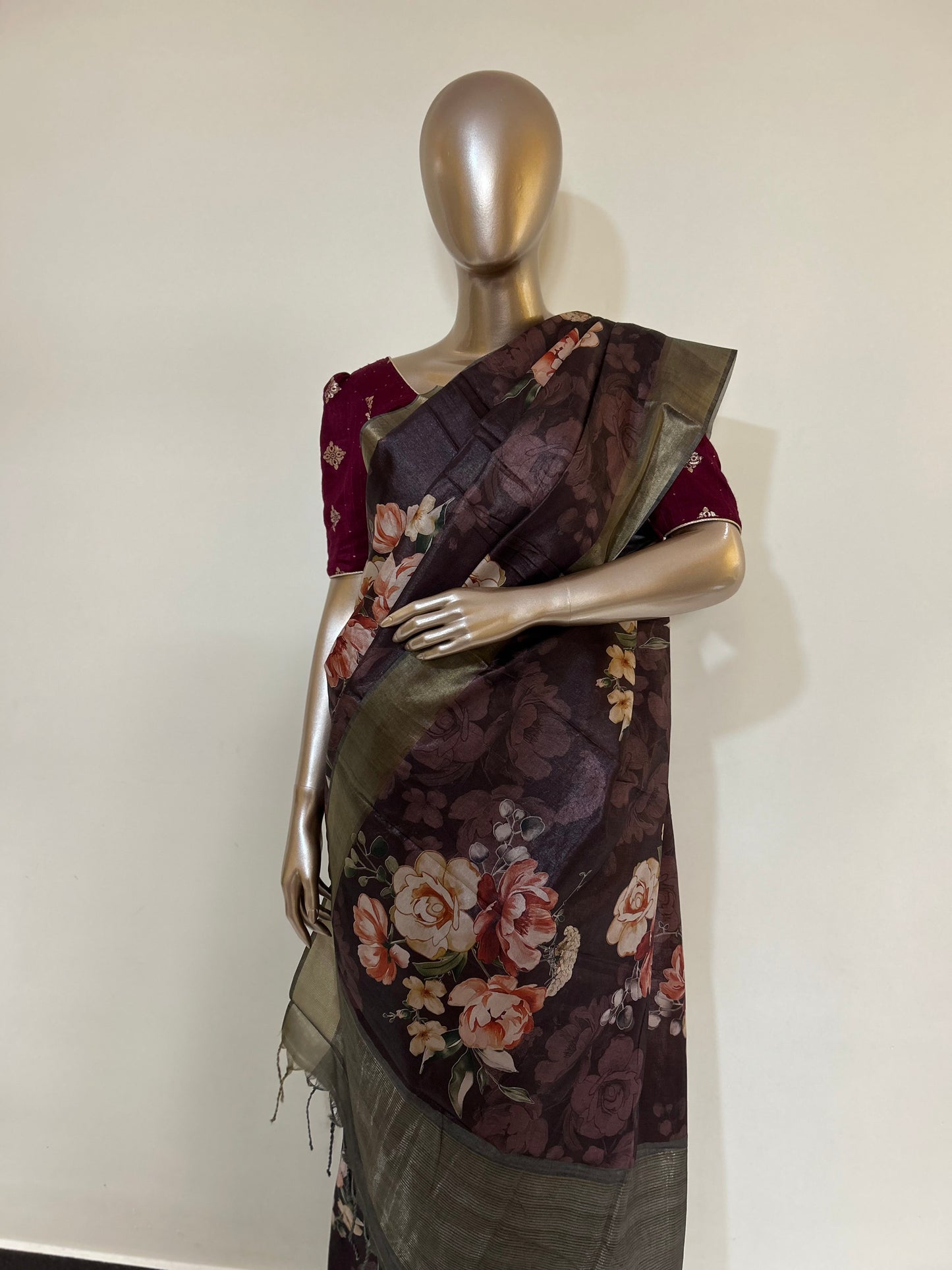 Dark Chocolate Color Soft Tussar Silk Saree with beautiful Floral design