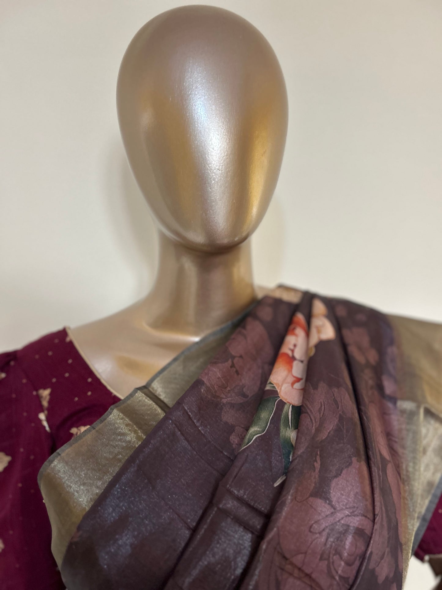 Dark Chocolate Color Soft Tussar Silk Saree with beautiful Floral design