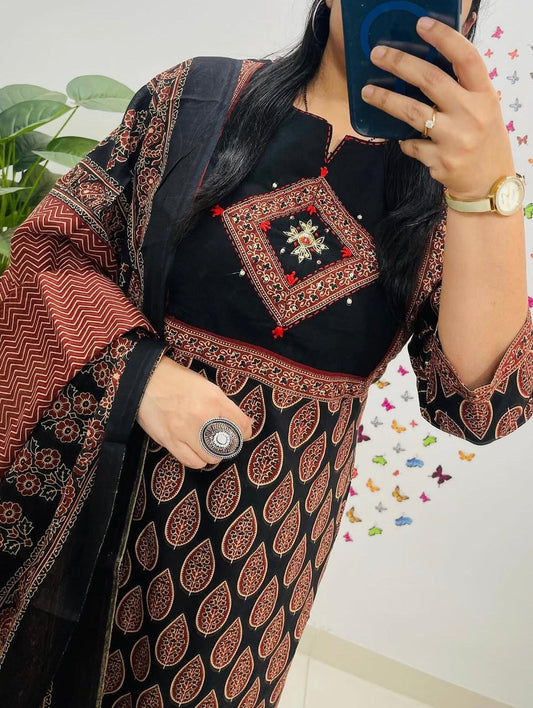 Black Color Premium Cotton Ajrak Printed Straight Kurti Paired With pant and dupatta