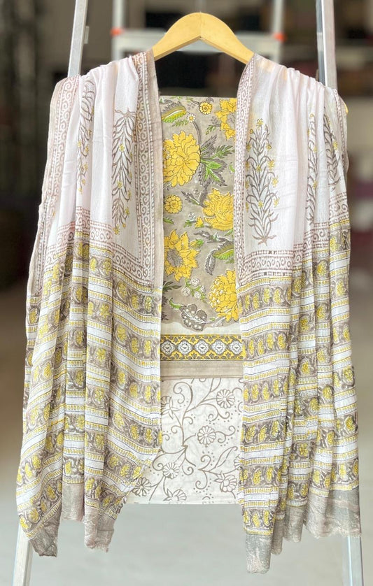 Hand Block Print Cotton Suit Set with Chiffon Dupatta