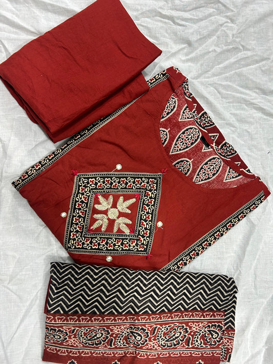 Red Color Premium Cotton Ajrak Printed Straight Kurti Paired With pant and dupatta