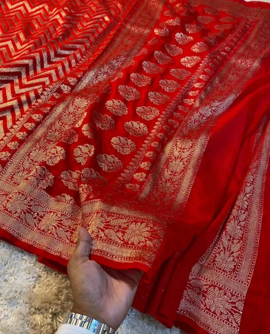 Vibrant Orange Banaras Saree - Rangkat Pattern Mandira Silks