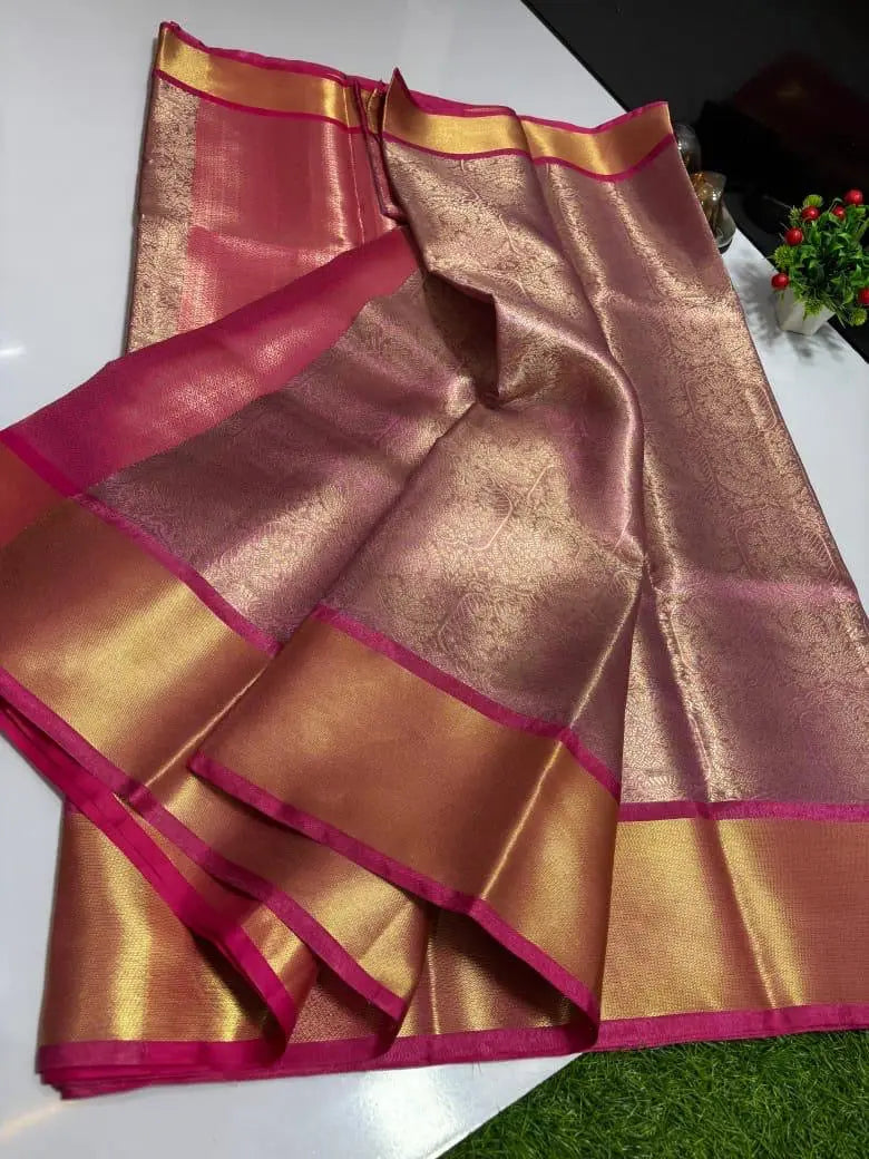Pink Color Tissue Tanchui Saree - Embossed Design