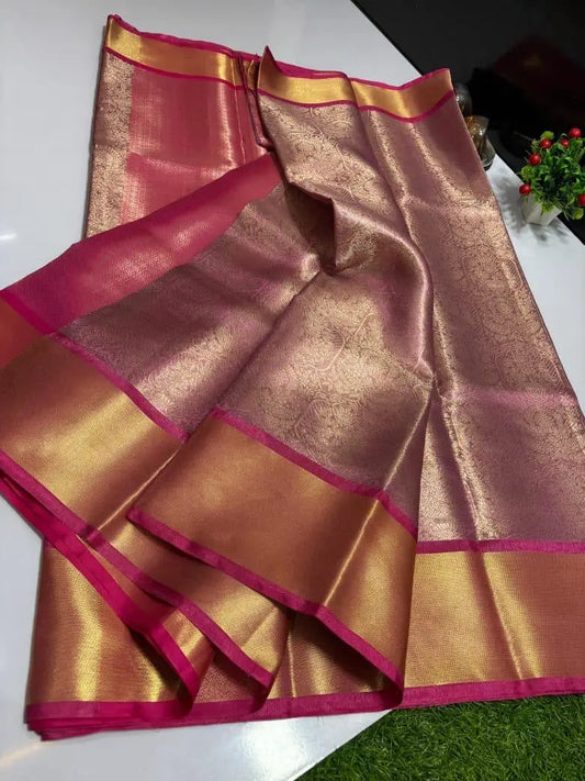 Pink Color Tissue Tanchui Saree - Embossed Design