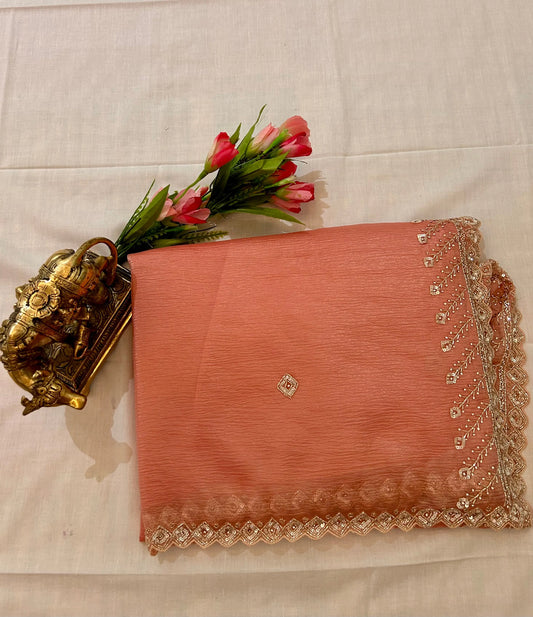 Peach Color Crush Tissue saree with beads work Mandira Silks
