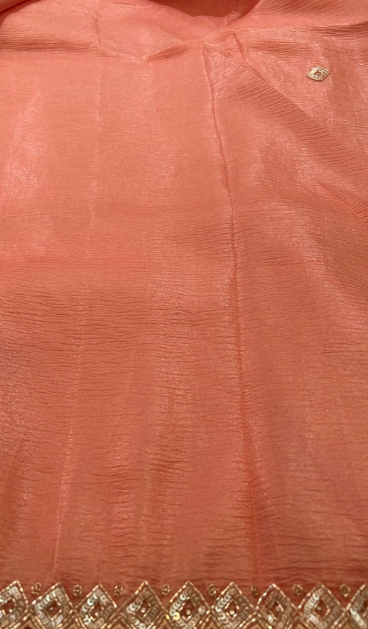 Peach Color Crush Tissue saree with beads work Mandira Silks
