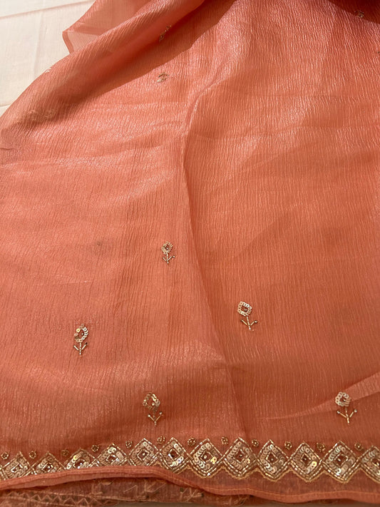 Peach Color Crush Tissue saree with beads work Mandira Silks