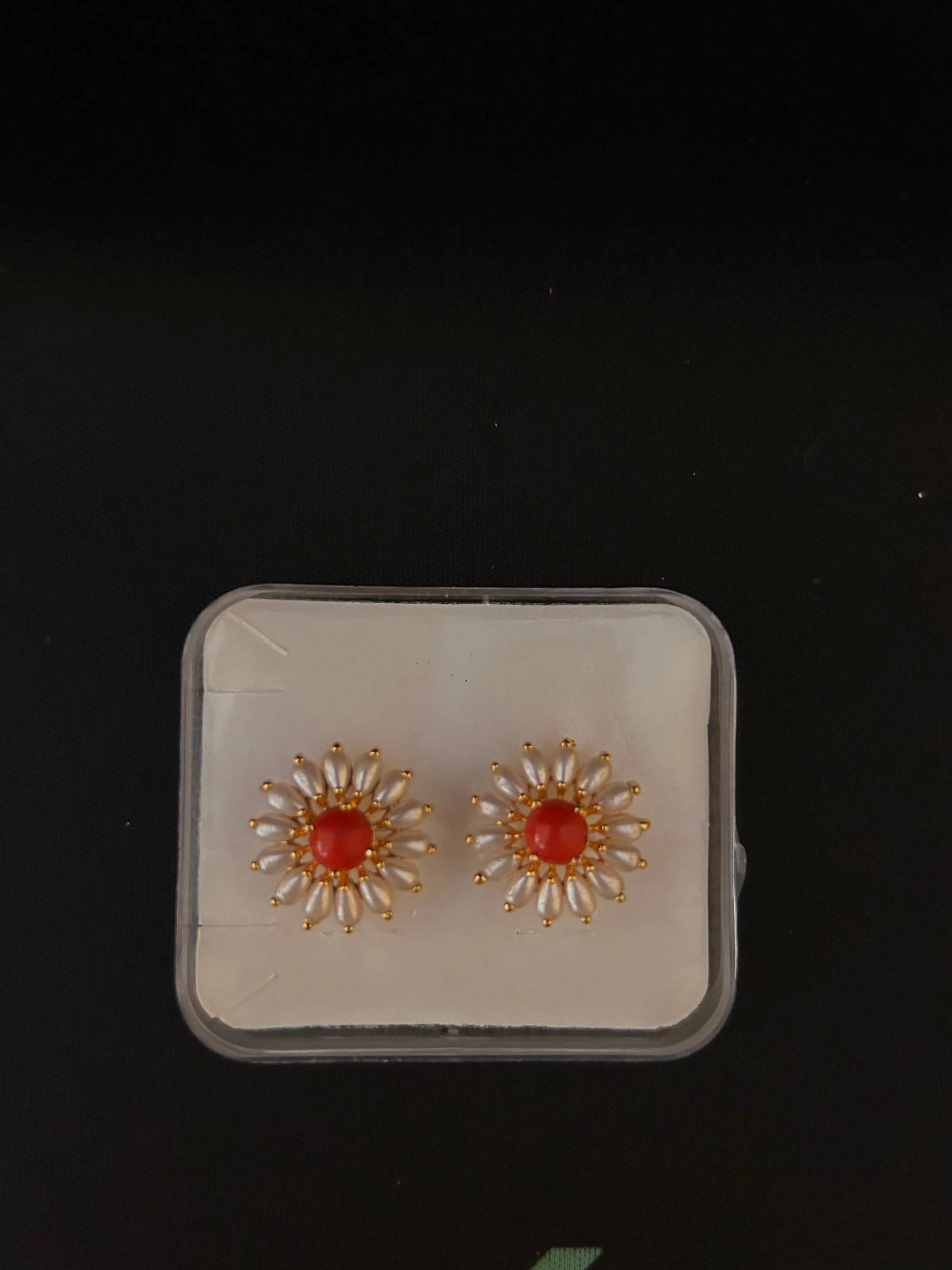 Ear tops-pearls with center coral bead Mandira Silks