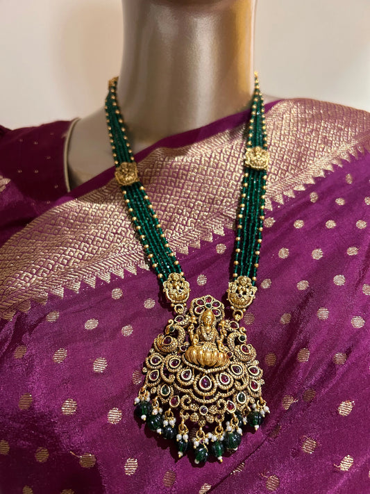 Long chain-green beads with Lakshmi Dollar Mandira Silks