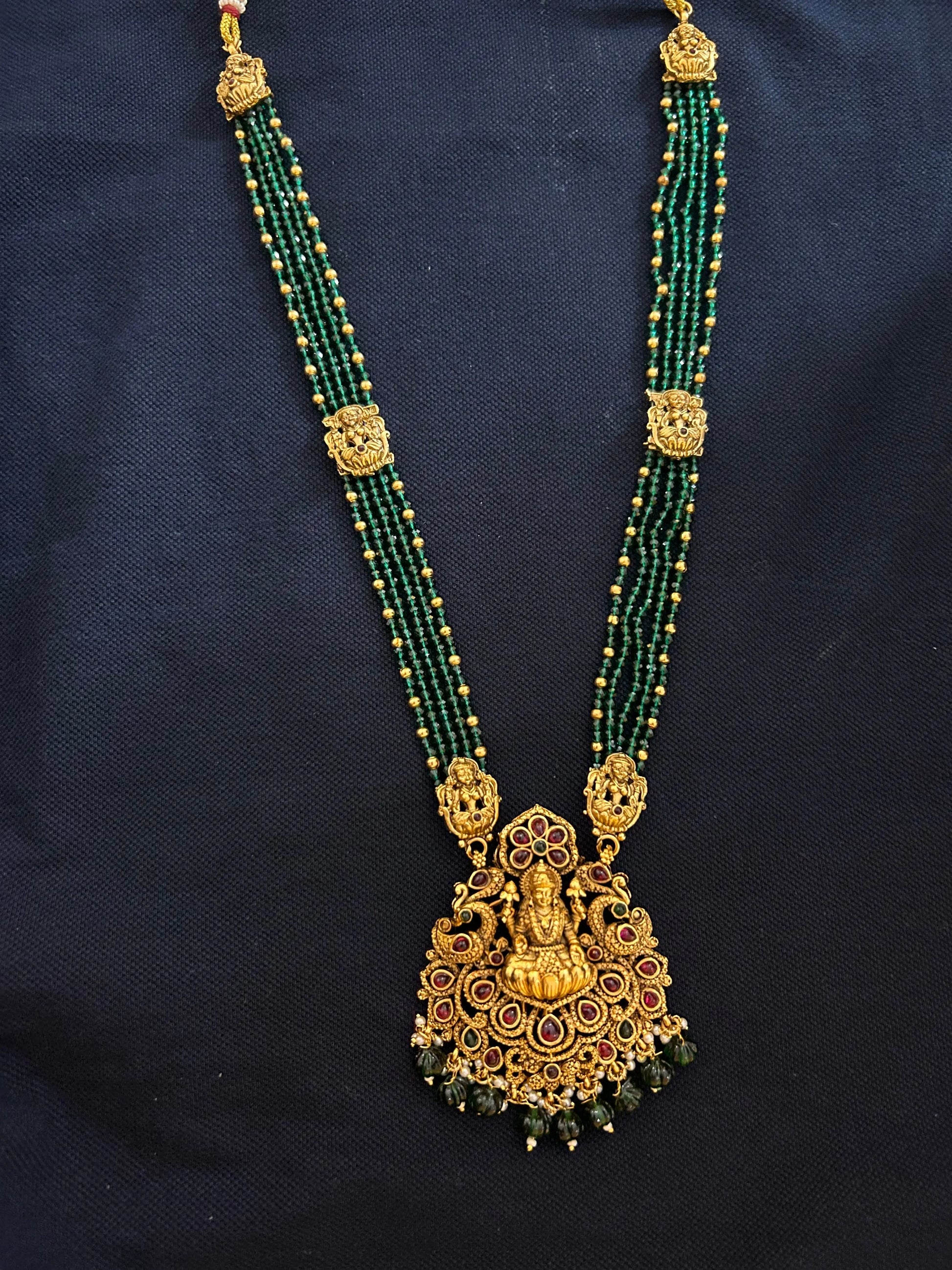 Long chain-green beads with Lakshmi Dollar Mandira Silks