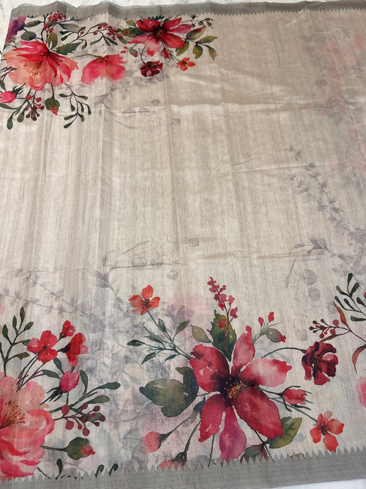 Cream color Soft Tussar saree with Floral print