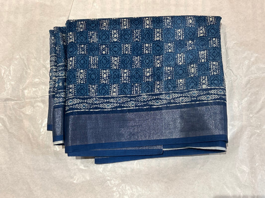 Indigo Blue Linen Tissue Saree with Silver zari border