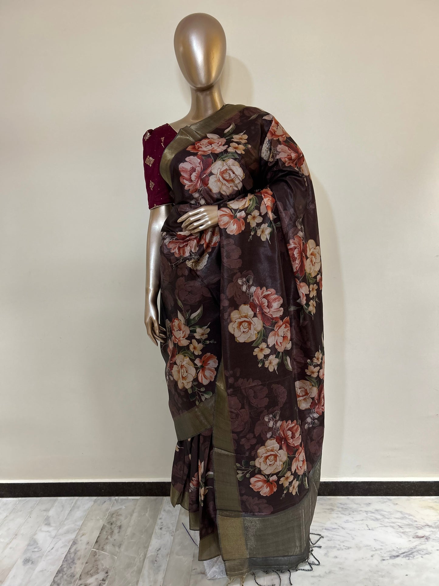 Dark Chocolate Color Soft Tussar Silk Saree with beautiful Floral design