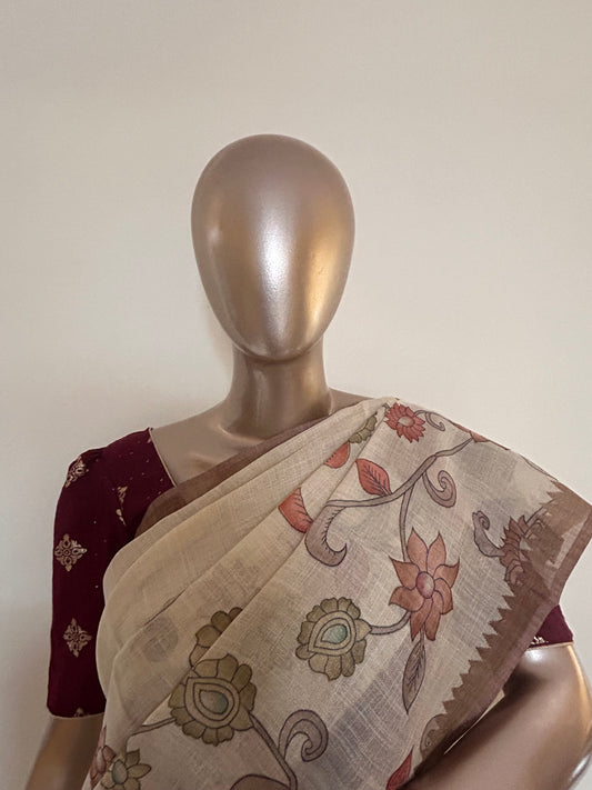 Cream Color Tissue Linen Saree with Kalamkari Design