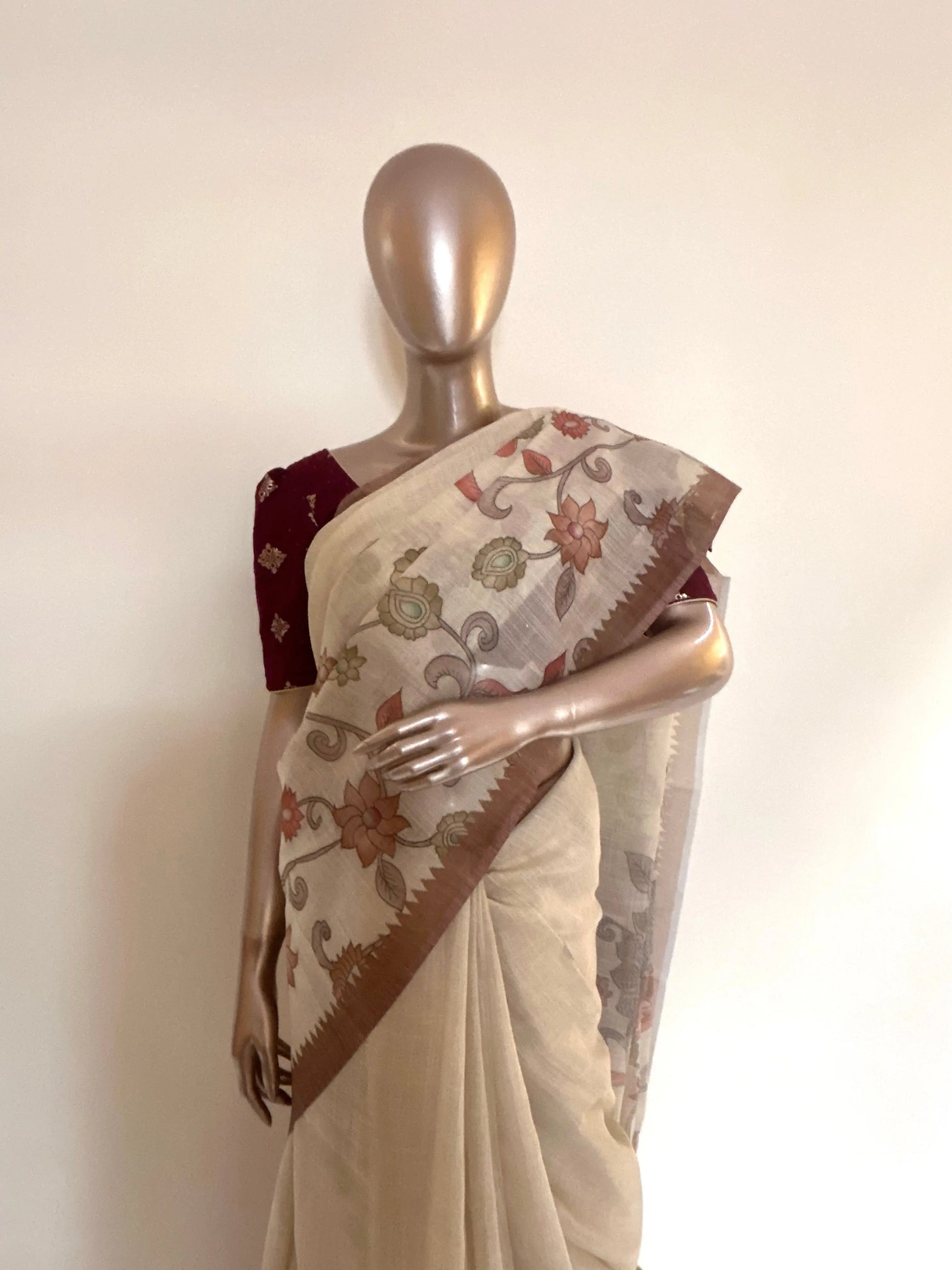 Cream Color Tissue Linen Saree with Kalamkari Design