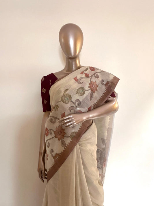 Cream Color Tissue Linen Saree with Kalamkari Design