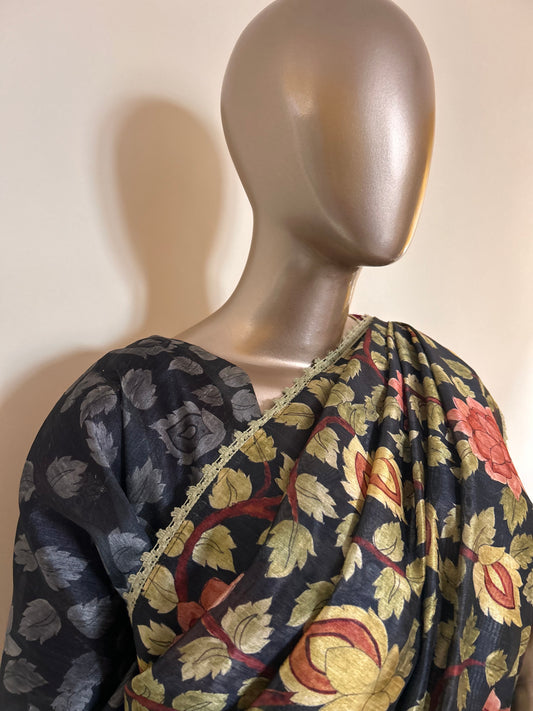 Black Tussar Saree with Kalamkari print over the body and Rich Kantha work for Pallu