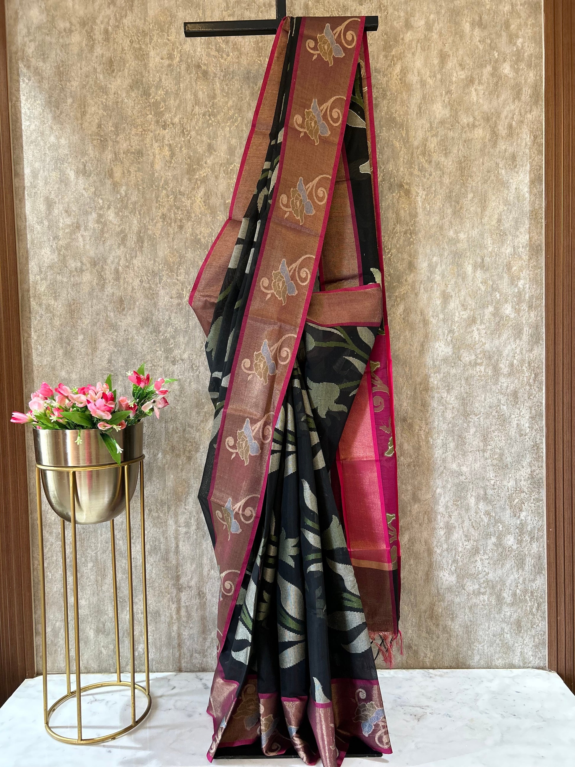 Black Color soft chanderi Saree with pink zari border Mandira Silks