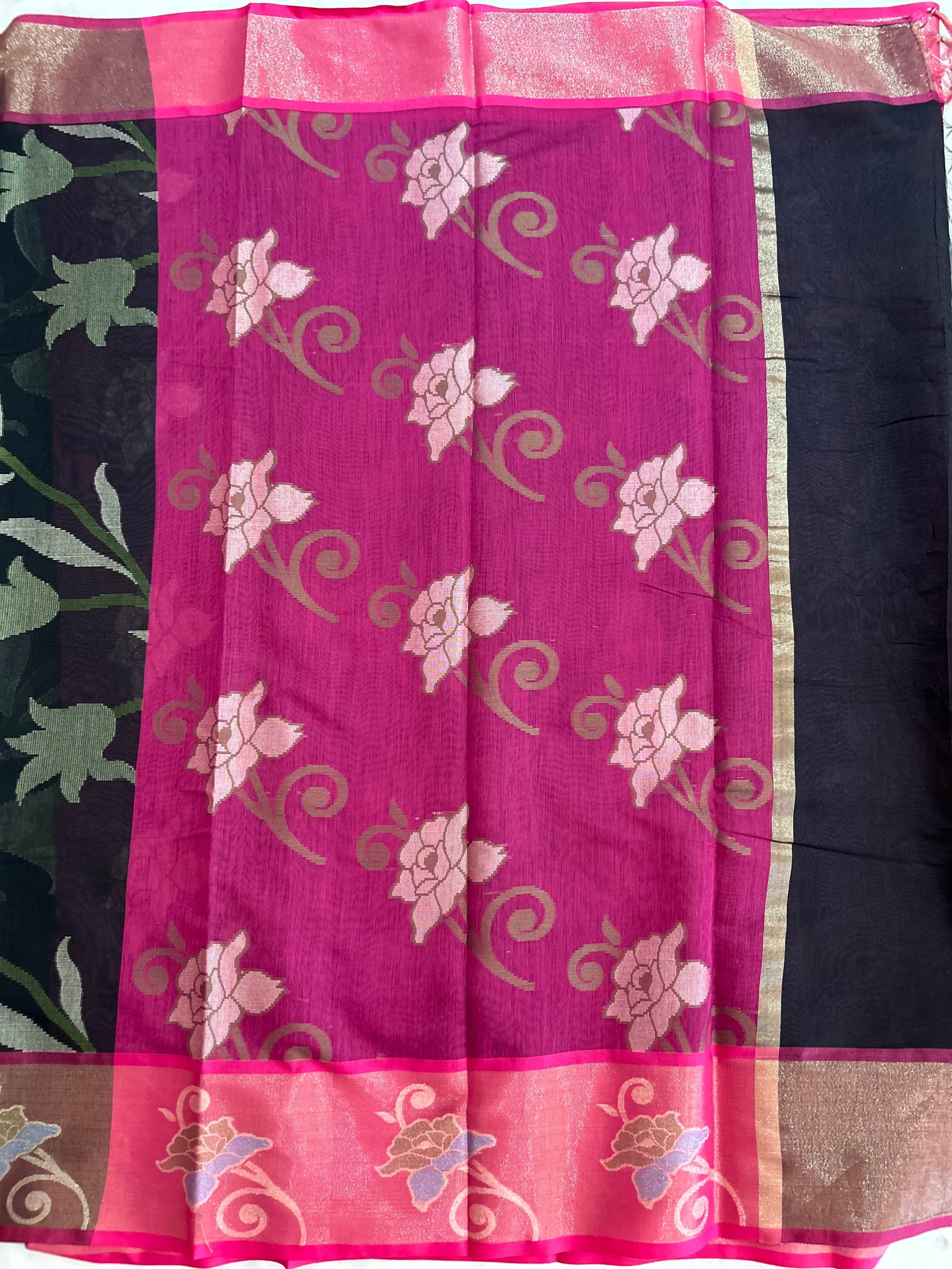 Black Color soft chanderi Saree with pink zari border Mandira Silks