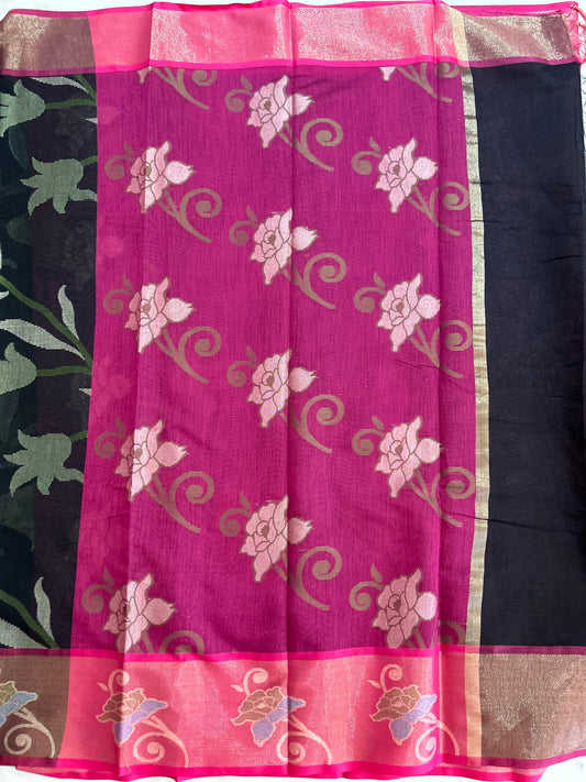 Black Color soft chanderi Saree with pink zari border Mandira Silks