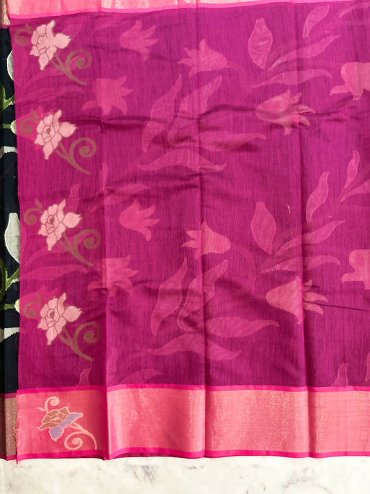 Black Color soft chanderi Saree with pink zari border Mandira Silks