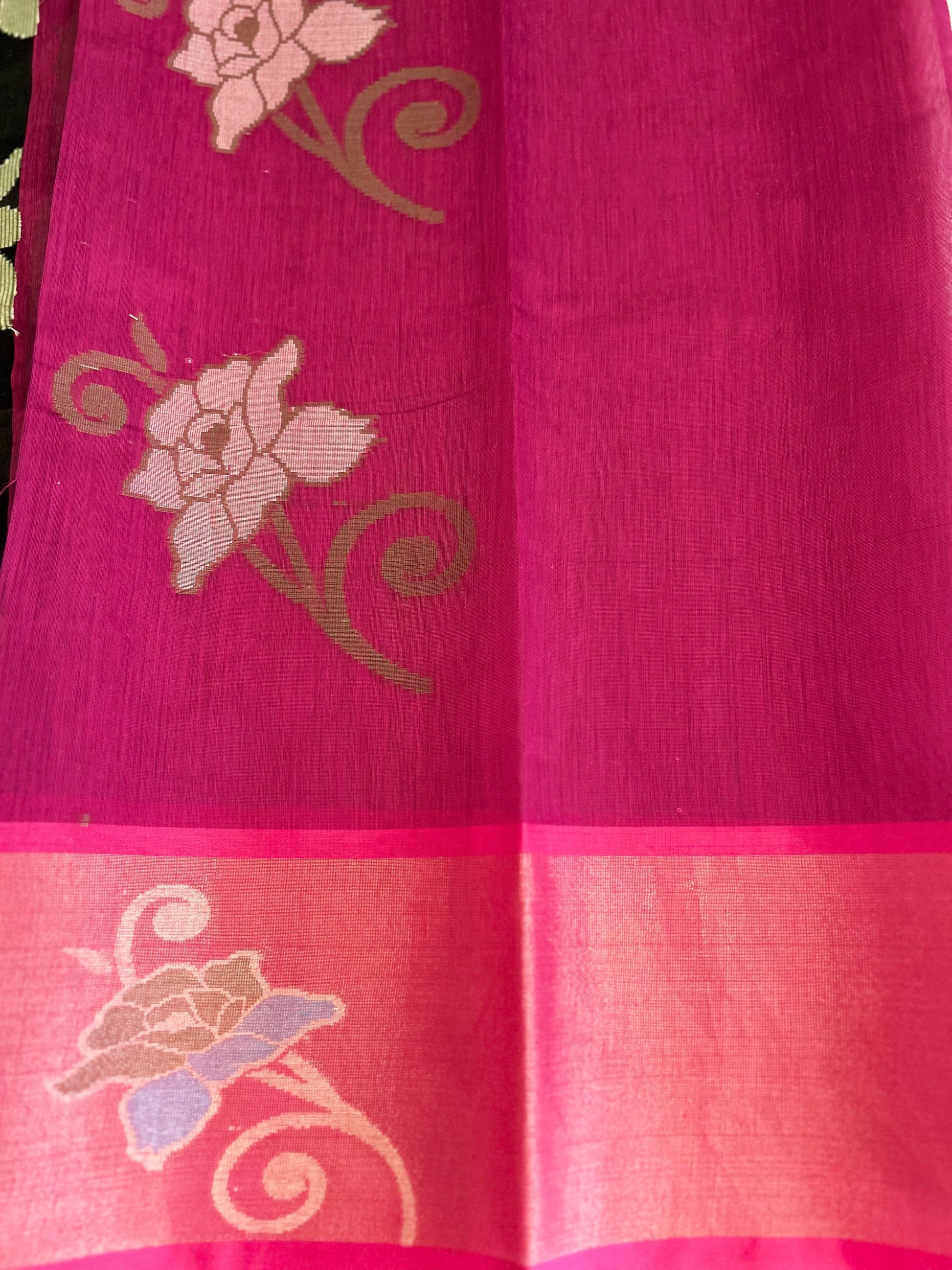 Black Color soft chanderi Saree with pink zari border Mandira Silks