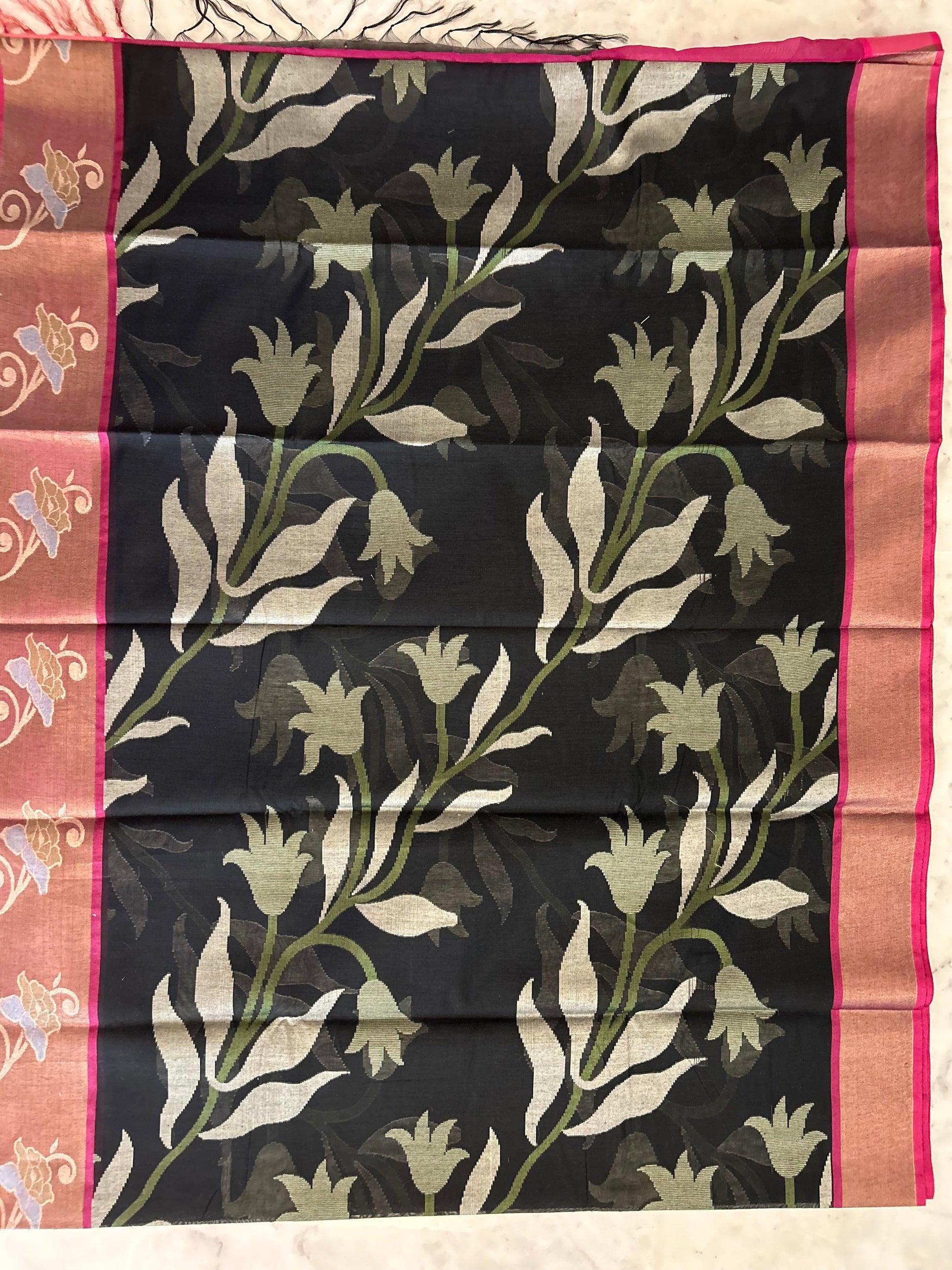 Black Color soft chanderi Saree with pink zari border Mandira Silks