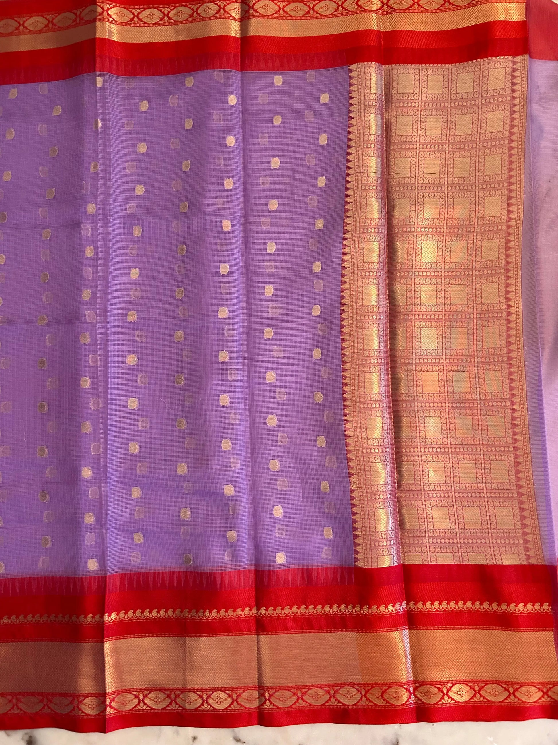 Lavender Color Kota Saree with Zari Border and buta all over saree Mandira Silks