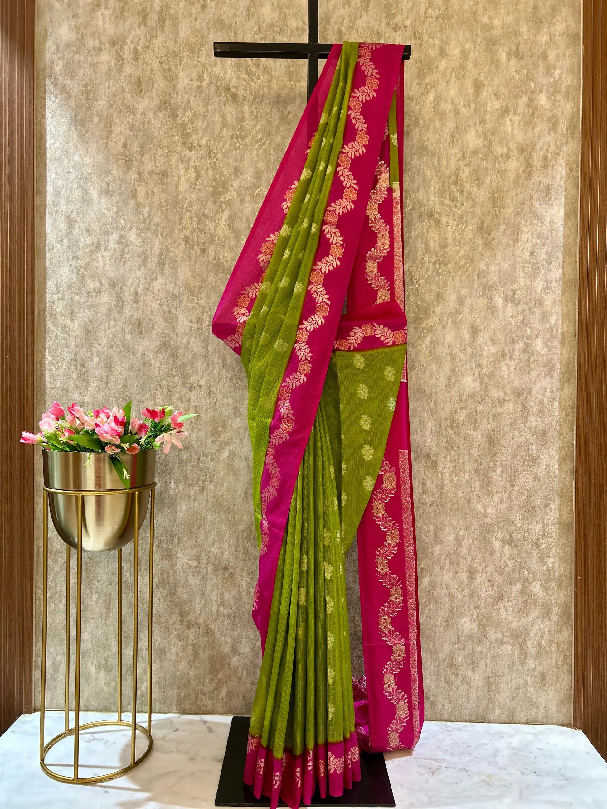 Green and Pink Combo color Kota Saree with Banarasi weaving Mandira Silks