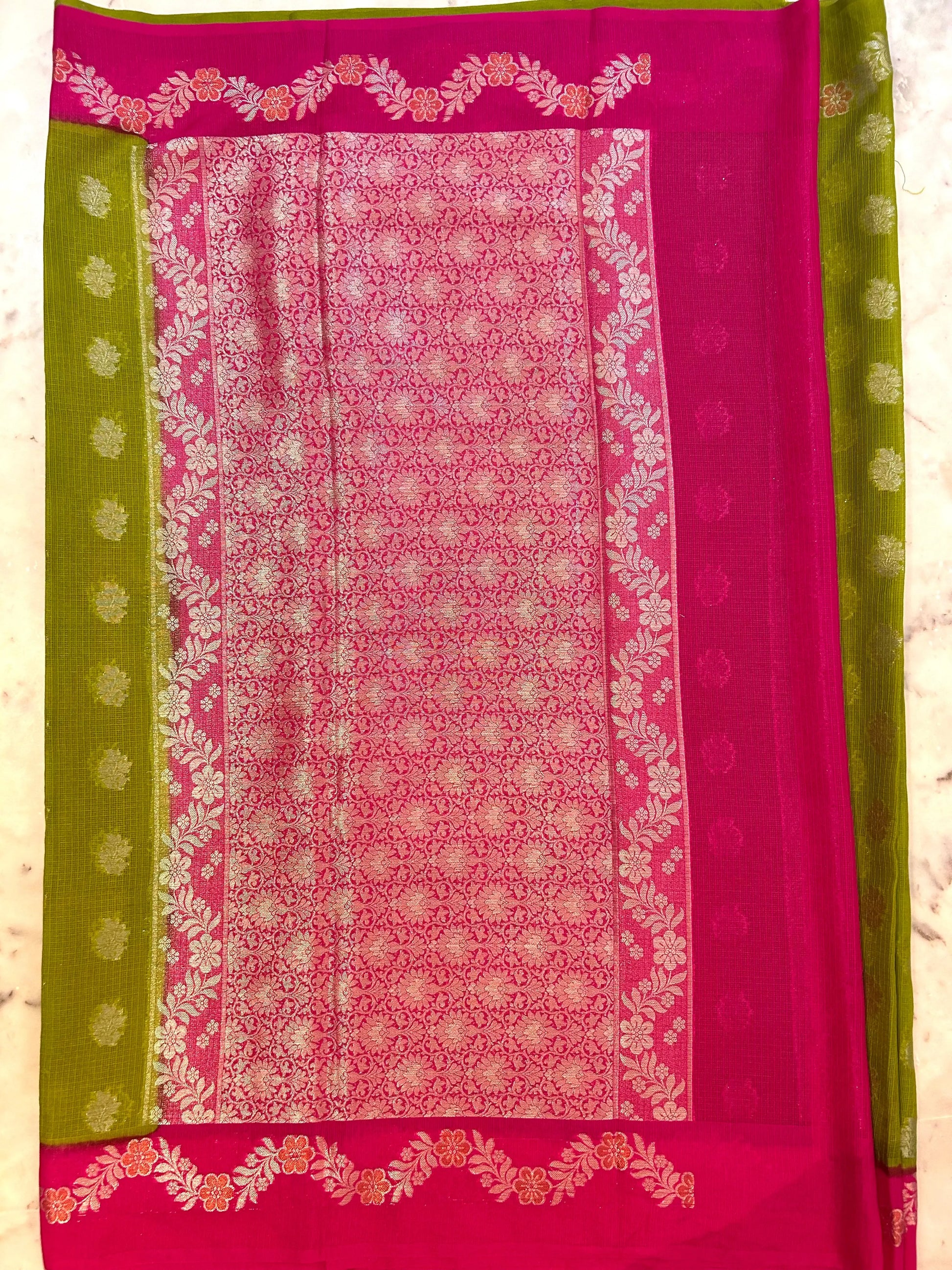 Green and Pink Combo color Kota Saree with Banarasi weaving Mandira Silks