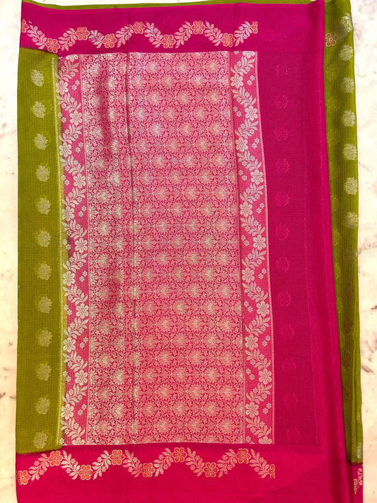 Green and Pink Combo color Kota Saree with Banarasi weaving Mandira Silks