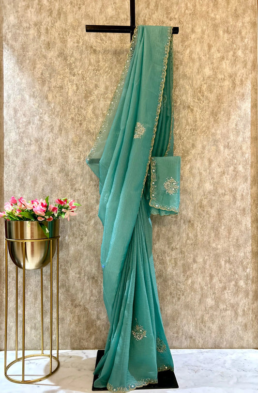 Teal saree with beads work