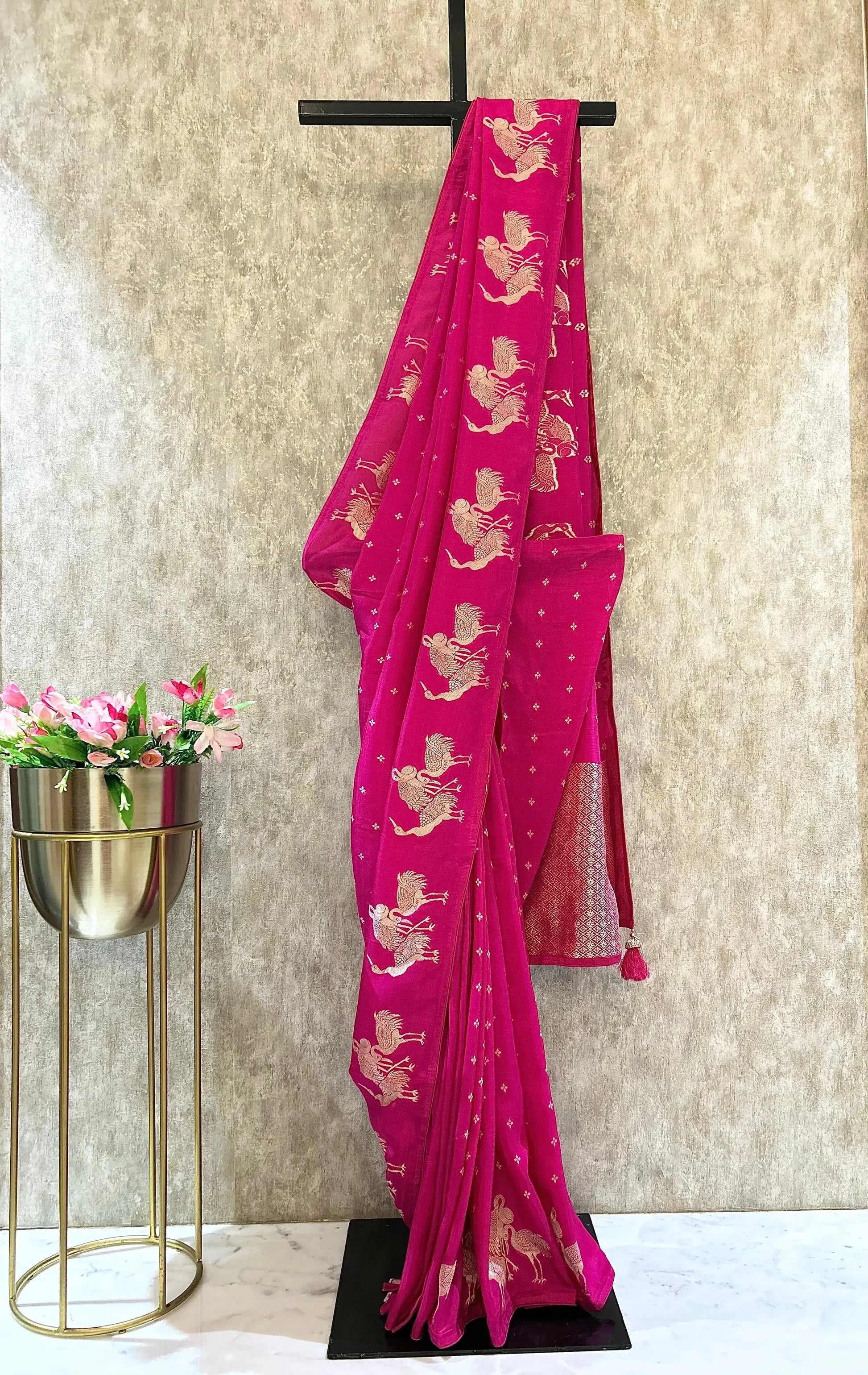 Rani Pink Color Russian Crepe silk saree Mandira Silks