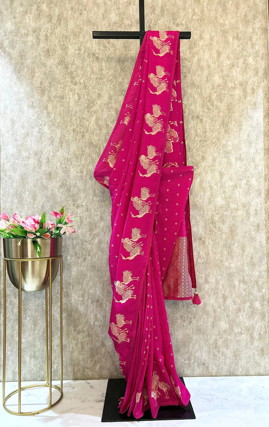 Rani Pink Color Russian Crepe silk saree Mandira Silks