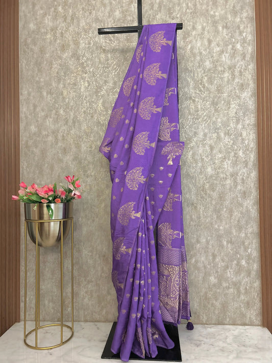 Purple color Russian crepe Silk Saree Mandira Silks