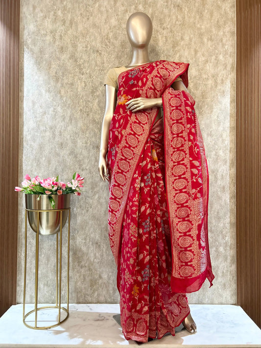 Red Color Munga Tussar Saree with Banarasi weaving all over the saree Mandira Silks