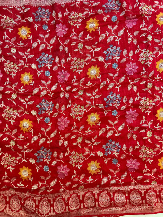 Red Color Munga Tussar Saree with Banarasi weaving all over the saree Mandira Silks