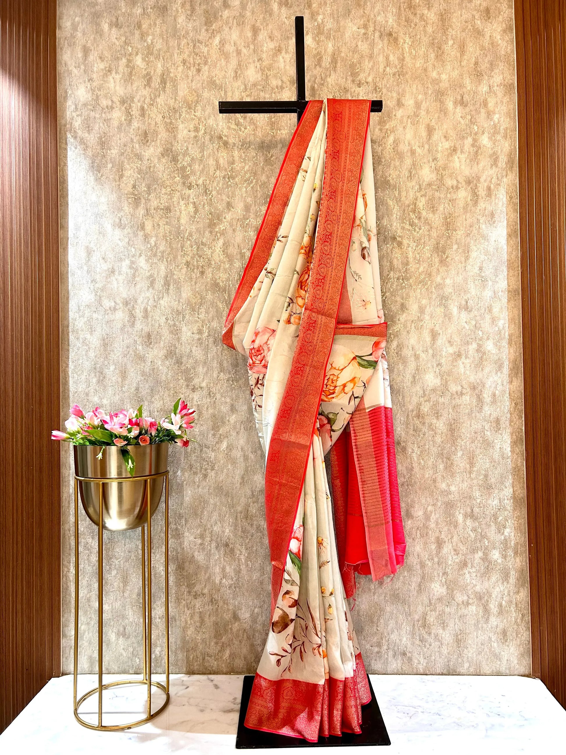 Cream color Floral Printed kanjivaram silk saree Mandira Silks