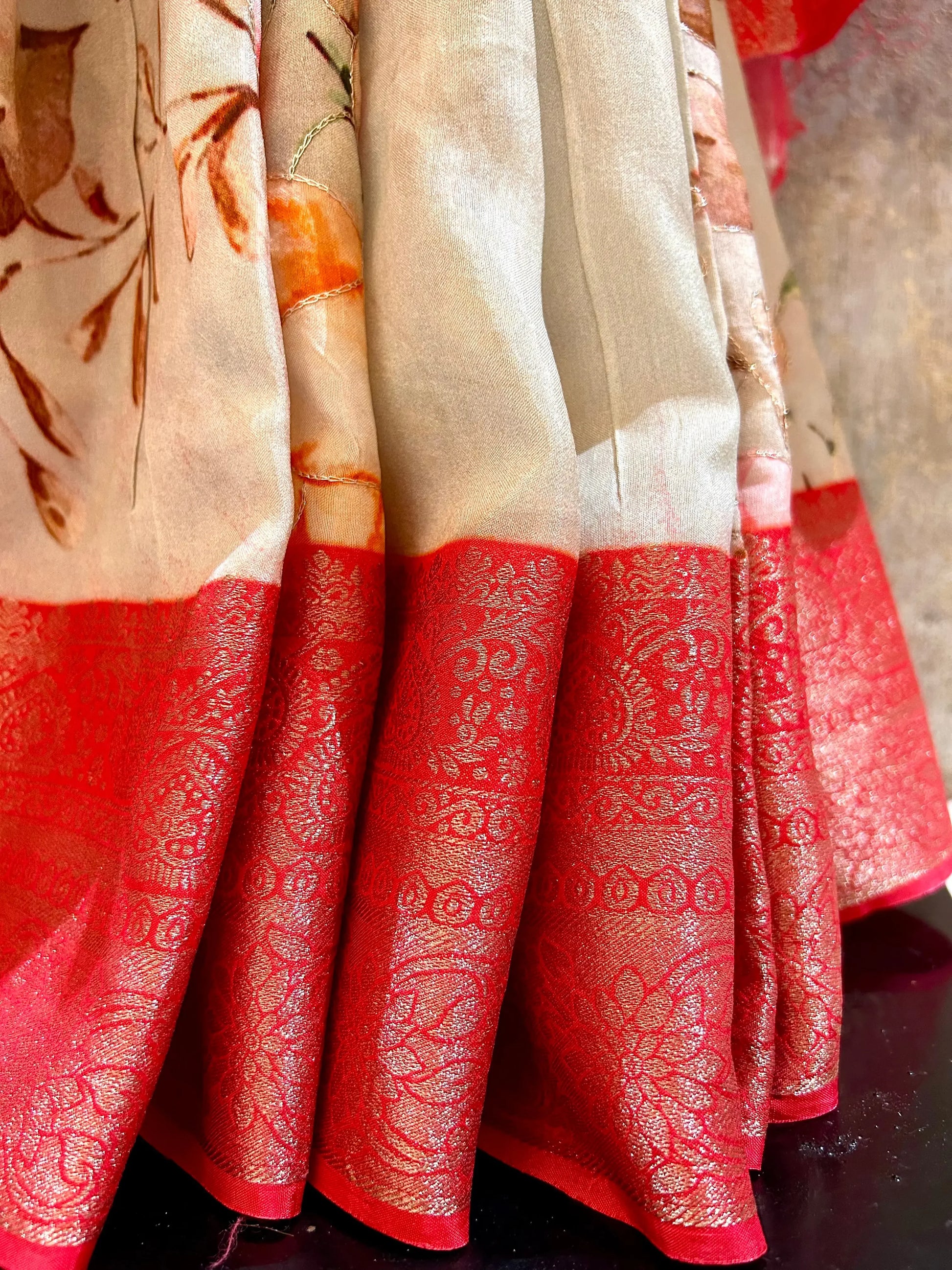 Cream color Floral Printed kanjivaram silk saree Mandira Silks