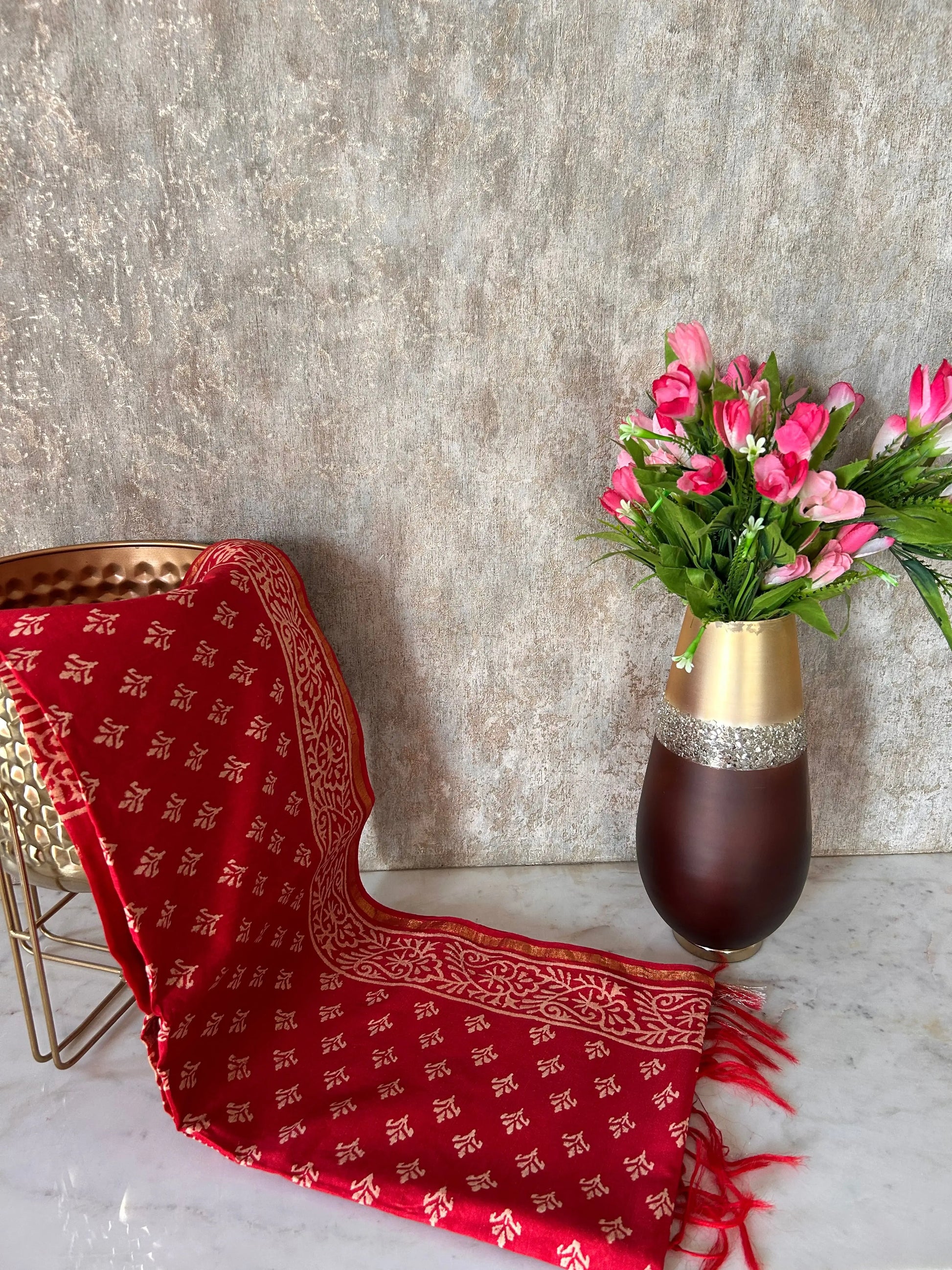 Red Color Chanderi Cotton saree with Bagru print Mandira Silks