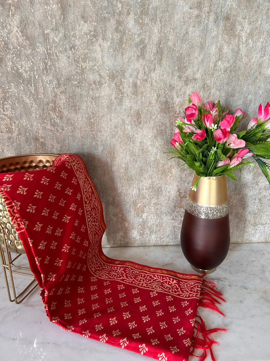 Red Color Chanderi Cotton saree with Bagru print Mandira Silks
