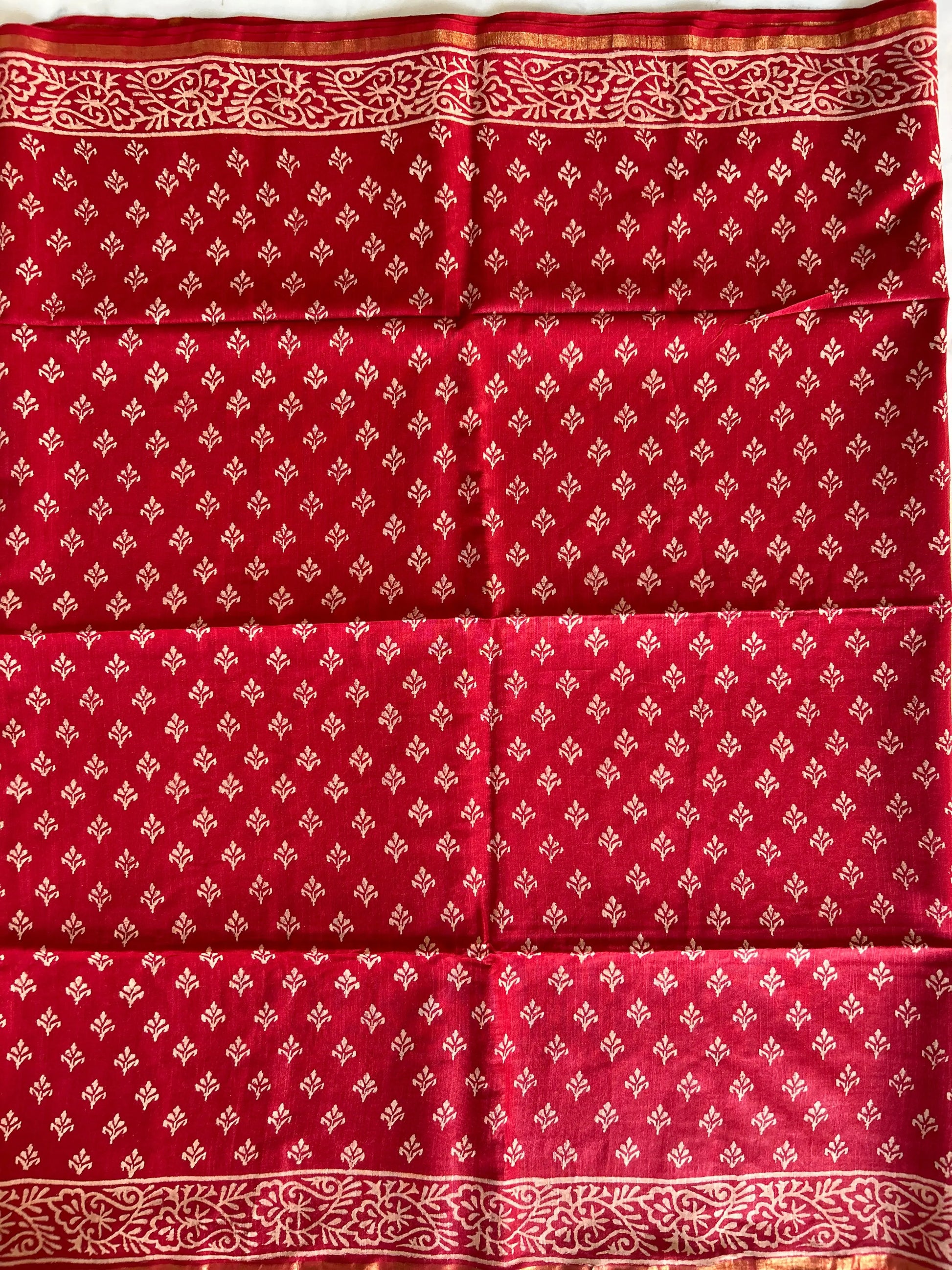 Red Color Chanderi Cotton saree with Bagru print Mandira Silks