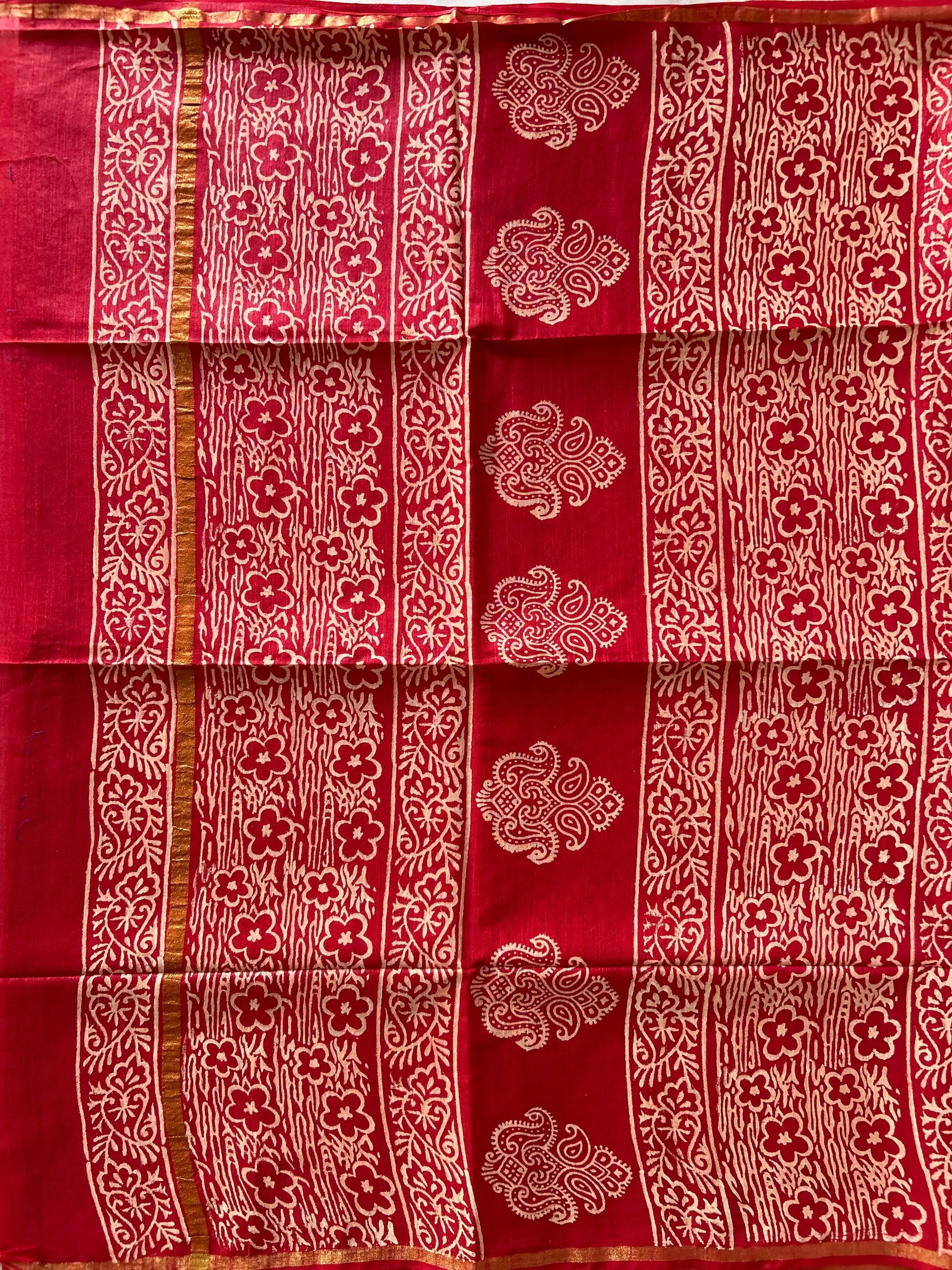 Red Color Chanderi Cotton saree with Bagru print Mandira Silks