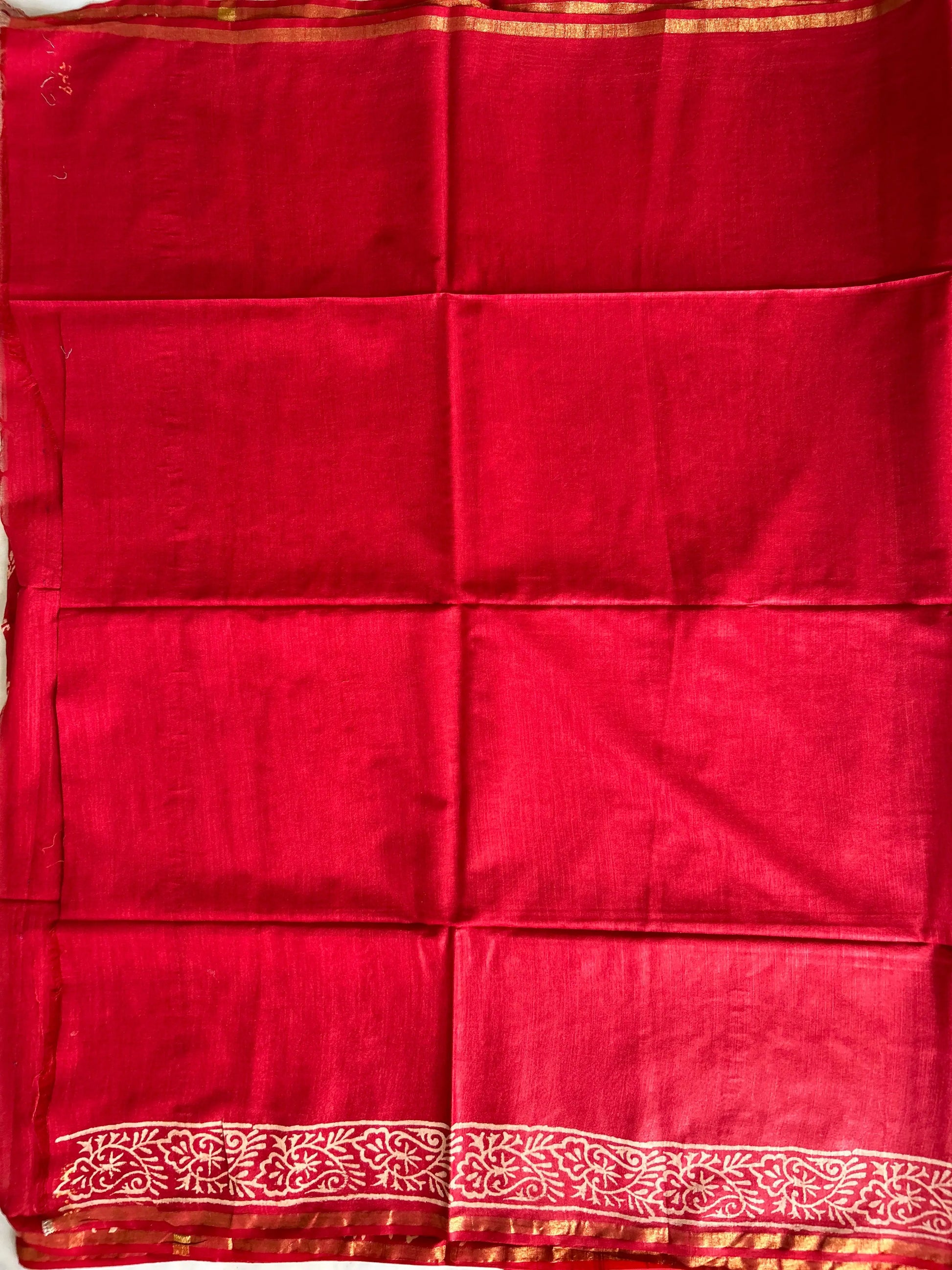 Red Color Chanderi Cotton saree with Bagru print Mandira Silks