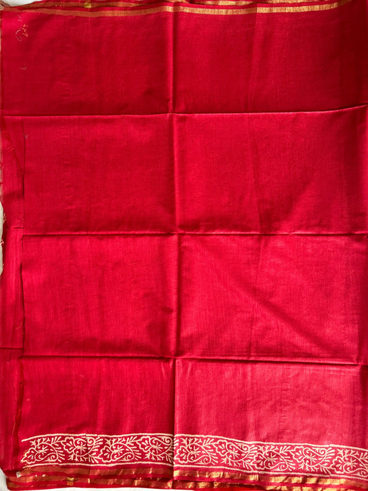 Red Color Chanderi Cotton saree with Bagru print Mandira Silks