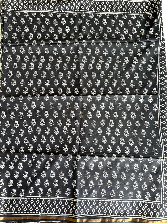 Dark Mehendi Color Linen Cotton saree with Bagru print Mandira Silks