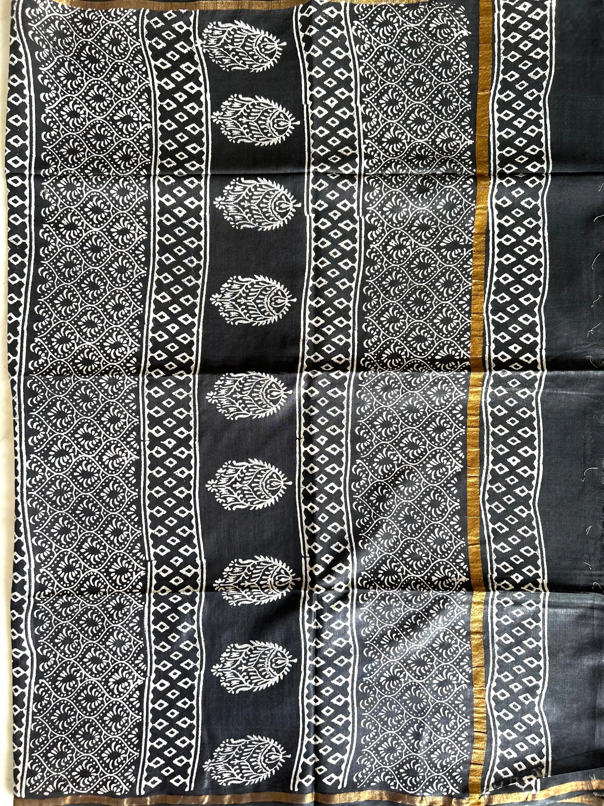Dark Mehendi Color Linen Cotton saree with Bagru print Mandira Silks