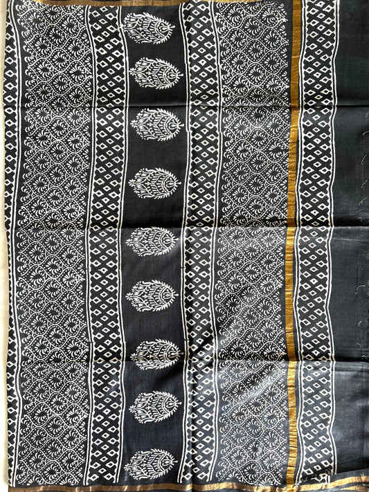 Dark Mehendi Color Linen Cotton saree with Bagru print Mandira Silks