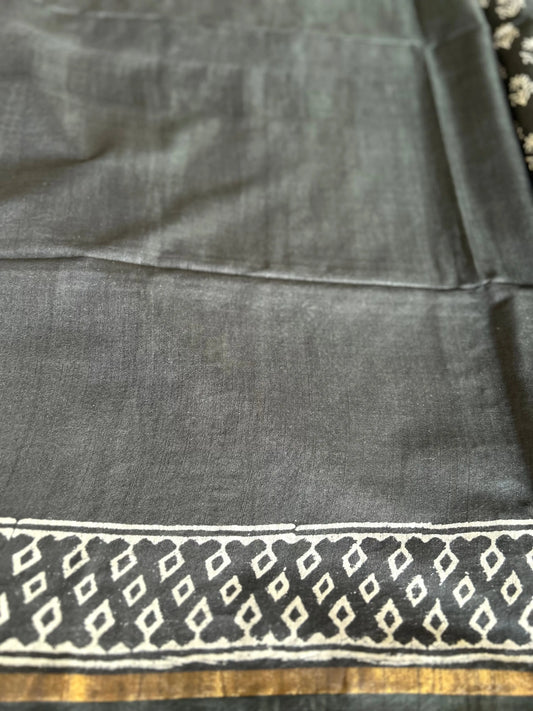 Dark Mehendi Color Linen Cotton saree with Bagru print Mandira Silks
